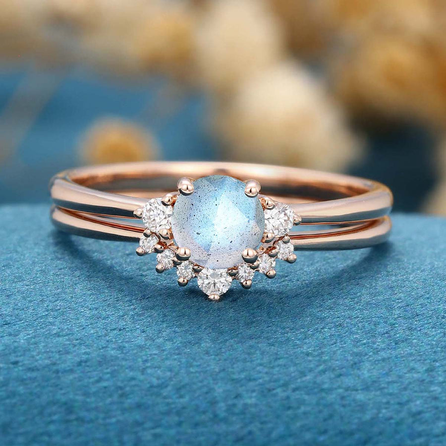 Round cut Labradorite Cluster Engagement ring Bridal Set