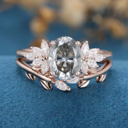 Oval cut Gray Moissanite Cluster Engagement ring Bridal Set