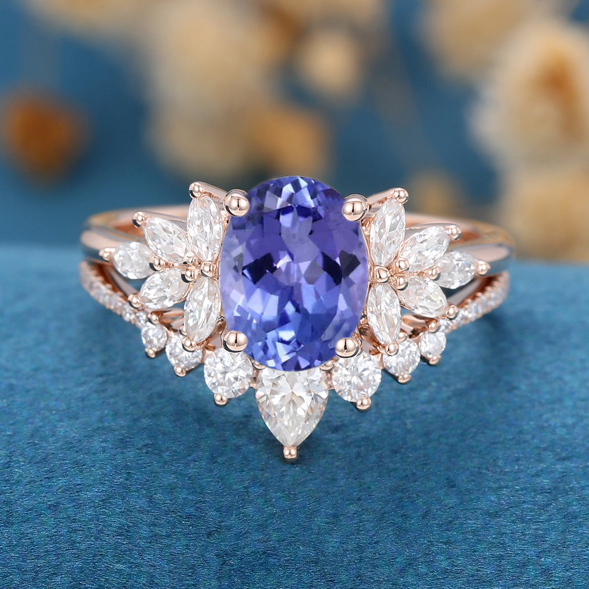 Oval cut Tanzanite Cluster Engagement ring Bridal Set