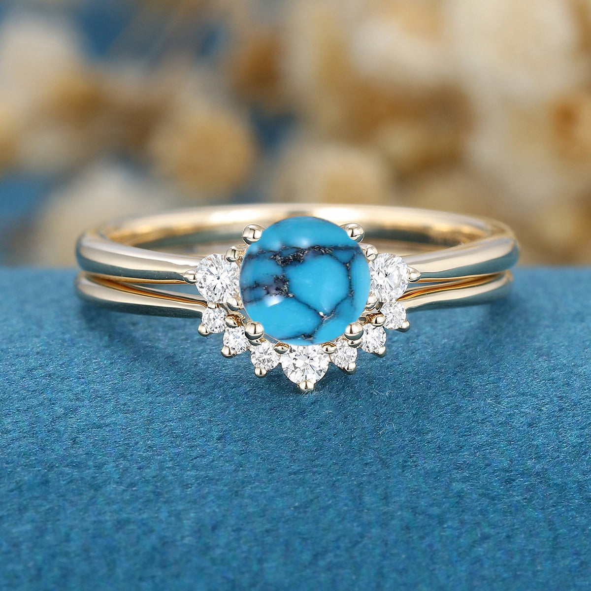 Round  cut Turquoise Cluster Engagement ring Bridal Set