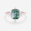 Emerald Cut Natural Green Moss Agate Cluster Engagement Ring