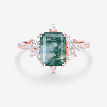 Emerald Cut Natural Green Moss Agate Cluster Engagement Ring