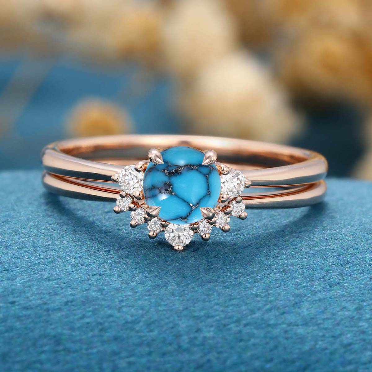 Round  cut Turquoise Cluster Engagement ring Bridal Set