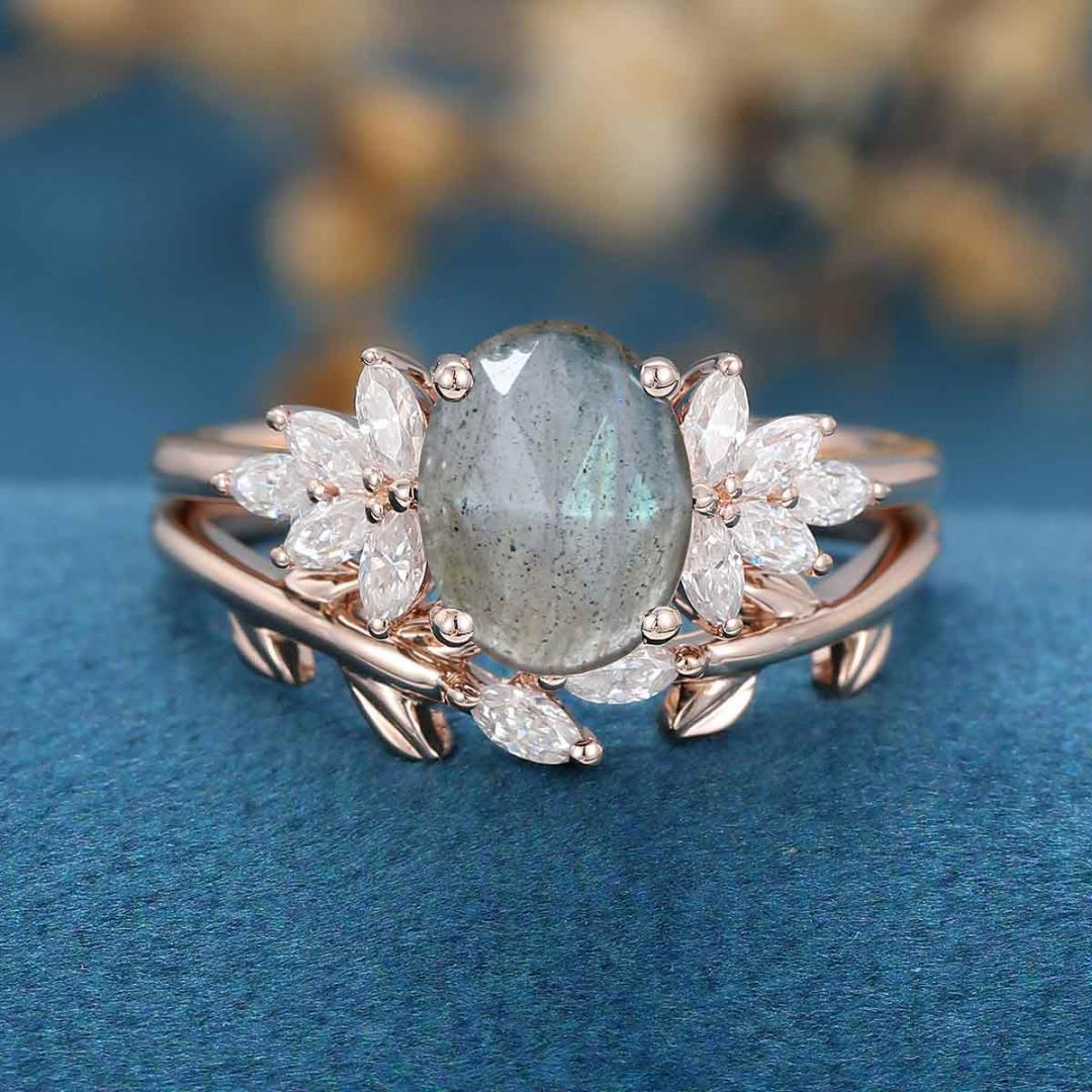 Oval cut Labradorite Cluster Engagement ring Bridal Set