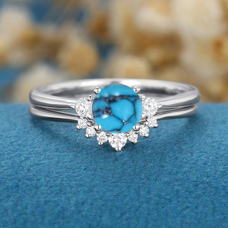 Round  cut Turquoise Cluster Engagement ring Bridal Set