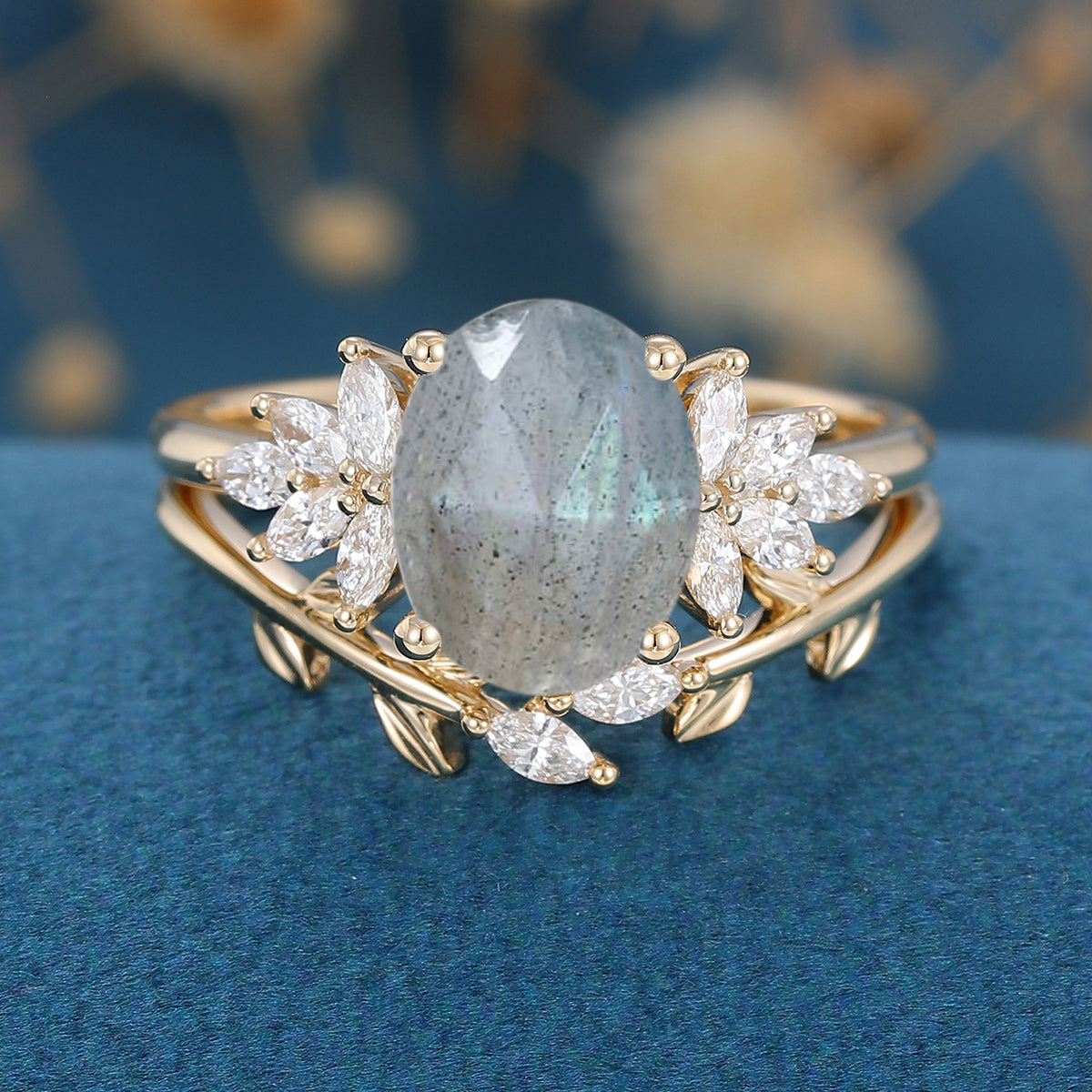 Oval cut Labradorite Cluster Engagement ring Bridal Set