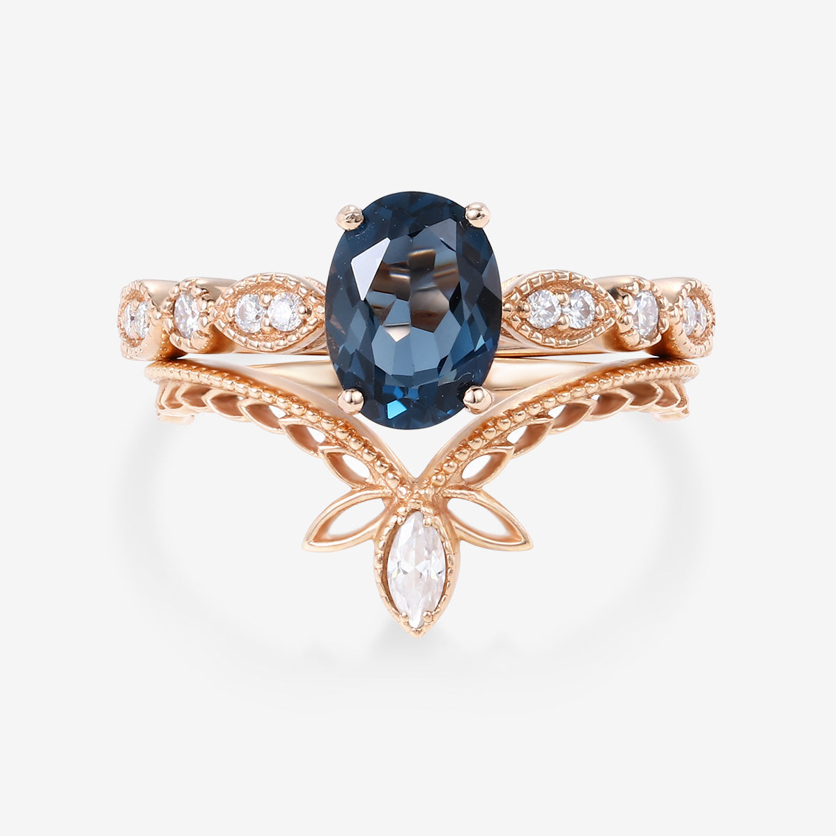 1.6Carat Oval cut London Blue Topaz Engagement ring Bridal Set