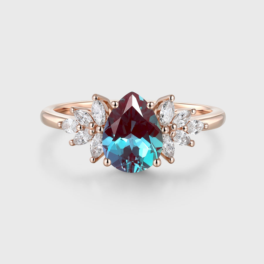 Pear cut Lab Alexandrite Cluster Engagement ring