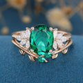 Oval cut Emerald Cluster Engagement ring Bridal Set