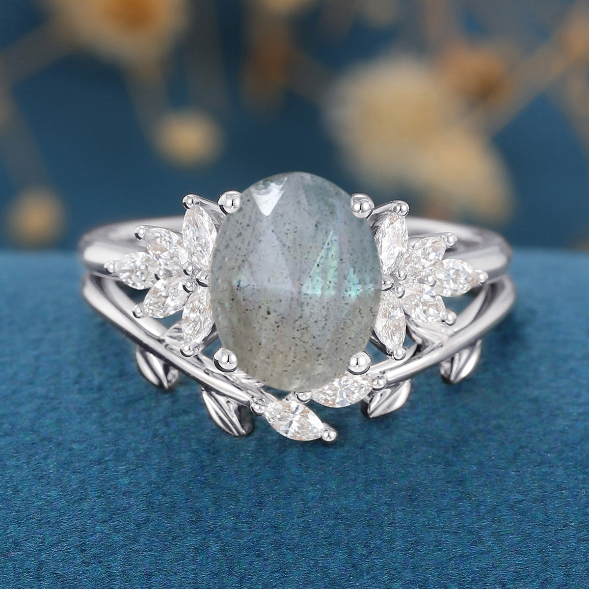 Oval cut Labradorite Cluster Engagement ring Bridal Set