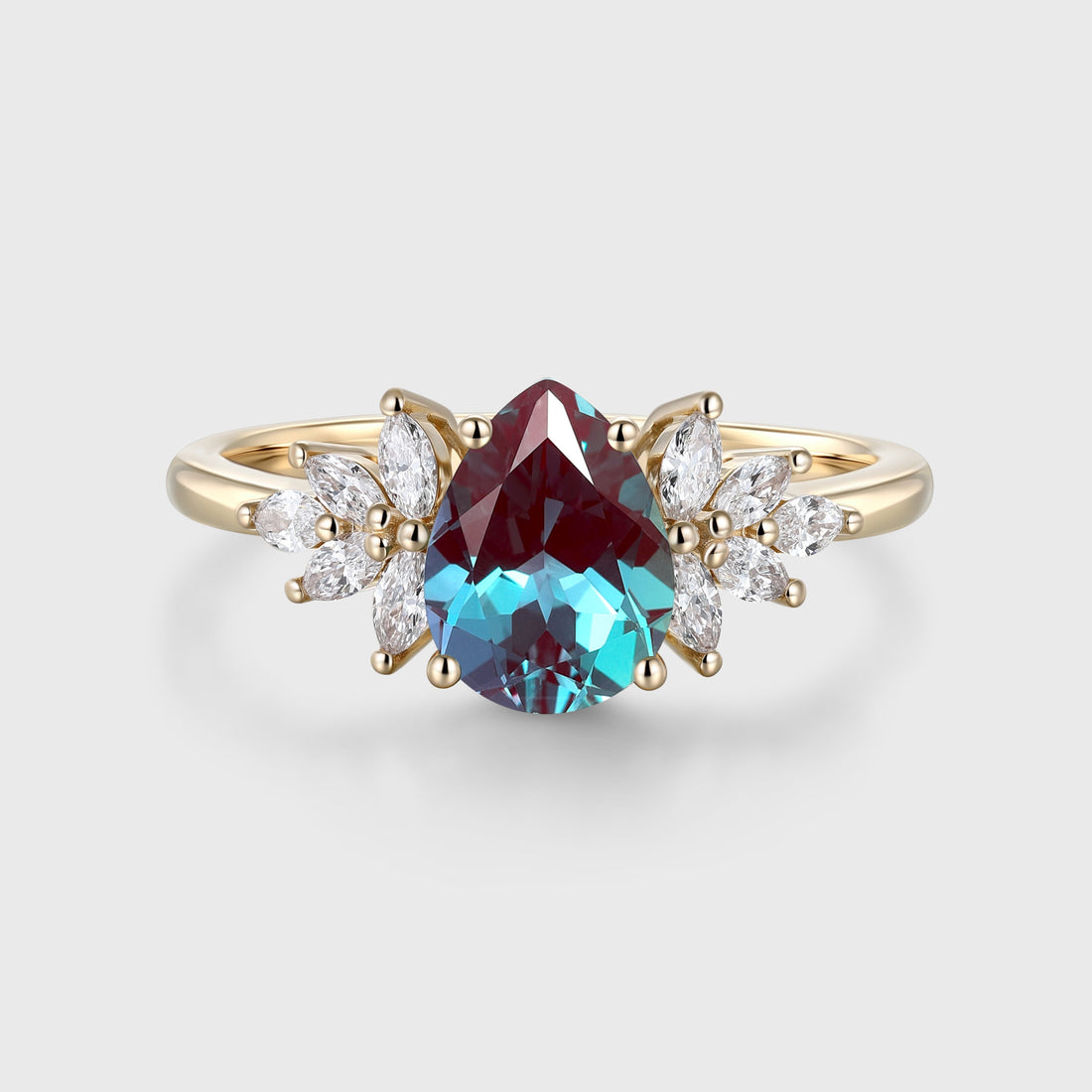 Pear cut Lab Alexandrite Cluster Engagement ring