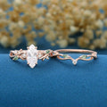 Marquise cut Moissanite Engagement Ring & Nature Inspired Moss Agate Wedding Bridal Set