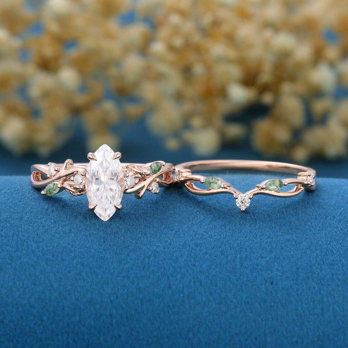 Marquise cut Moissanite Engagement Ring & Nature Inspired Moss Agate Wedding Bridal Set
