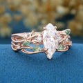 Marquise cut Moissanite Engagement Ring & Nature Inspired Moss Agate Wedding Bridal Set