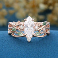 Marquise cut Moissanite Engagement Ring & Nature Inspired Moss Agate Wedding Bridal Set