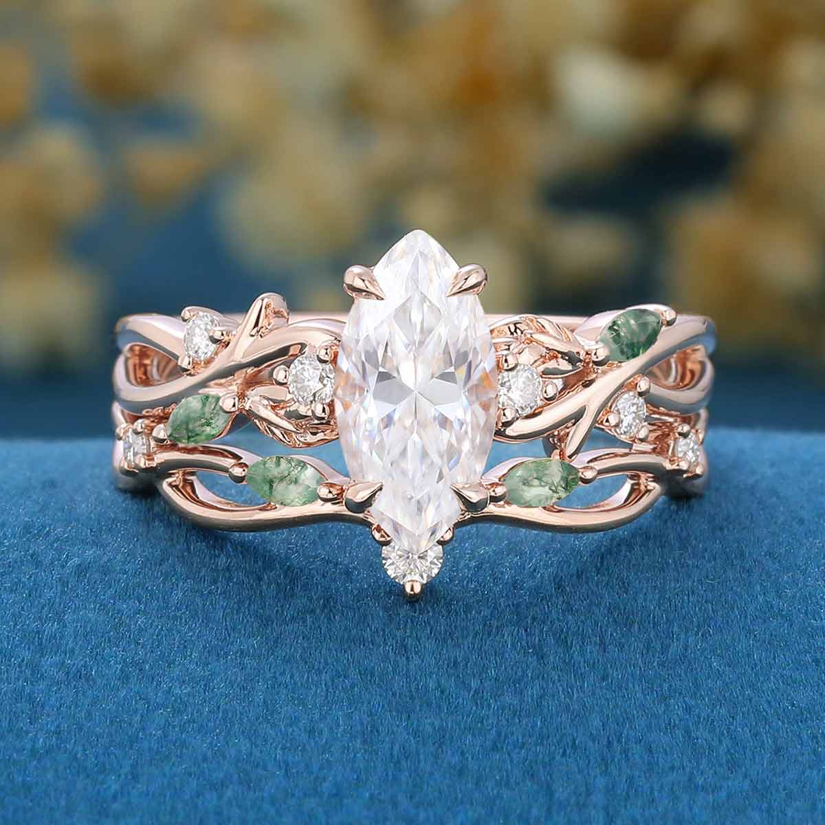 Marquise cut Moissanite Engagement Ring & Nature Inspired Moss Agate Wedding Bridal Set
