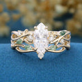 Marquise cut Moissanite Engagement Ring & Nature Inspired Moss Agate Wedding Bridal Set