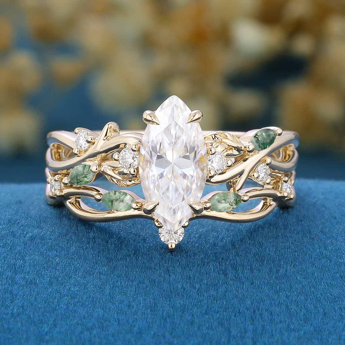 Marquise cut Moissanite Engagement Ring & Nature Inspired Moss Agate Wedding Bridal Set