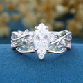 Marquise cut Moissanite Engagement Ring & Nature Inspired Moss Agate Wedding Bridal Set
