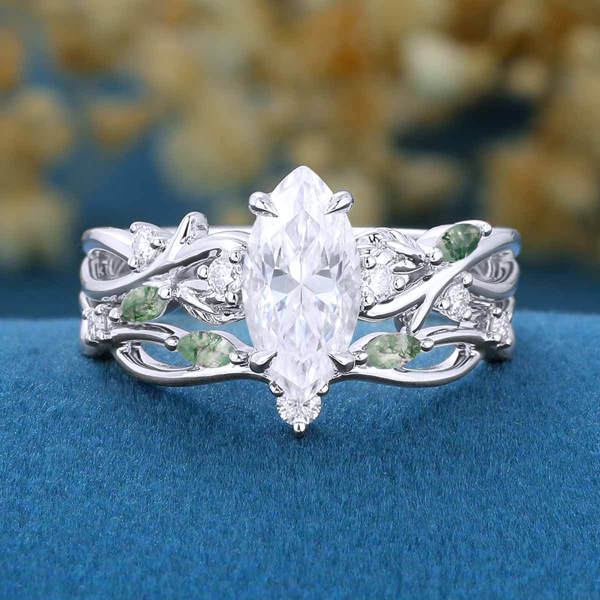 Marquise cut Moissanite Engagement Ring & Nature Inspired Moss Agate Wedding Bridal Set