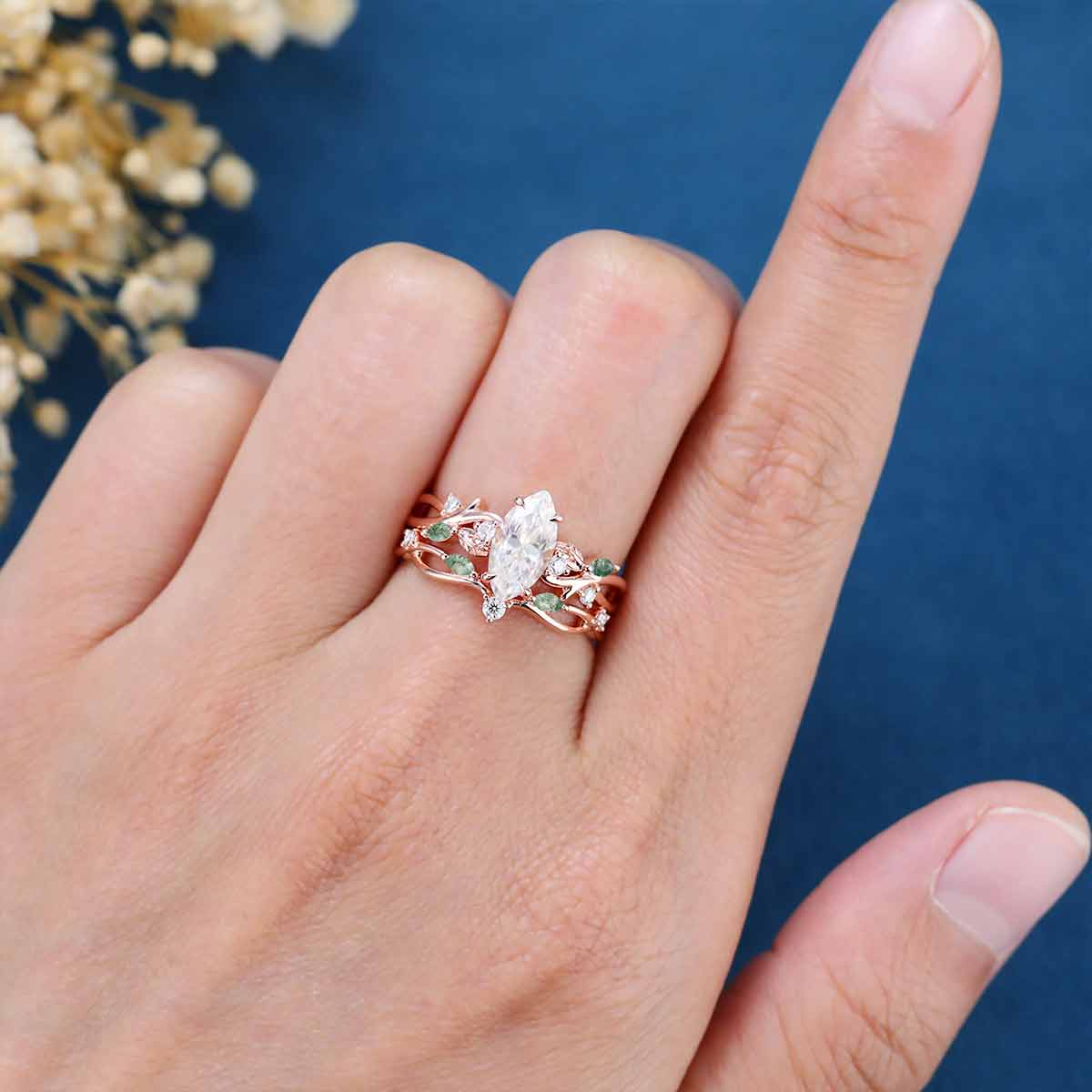 Marquise cut Moissanite Engagement Ring & Nature Inspired Moss Agate Wedding Bridal Set