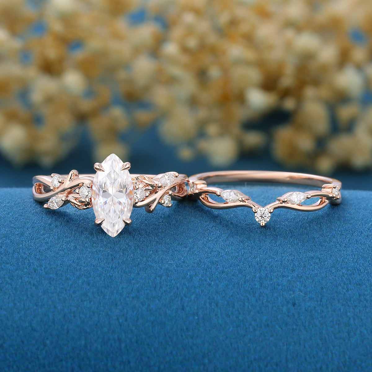 Nature Inspired Marquise cut Moissanite Wedding Bridal Set