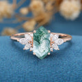 Long Hexagon Cut Natural Green Moss Agate Cluster Engagement Ring 