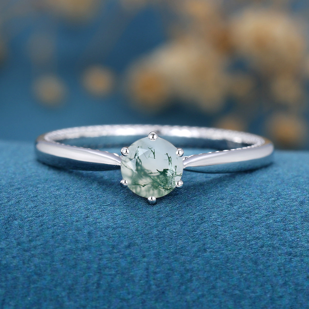 Round Cut Natural Green Moss Agate Engagement Ring