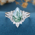 Natural Green Moss Agate 8*12 mm Pear Cut Engagement ring Bridal Sets