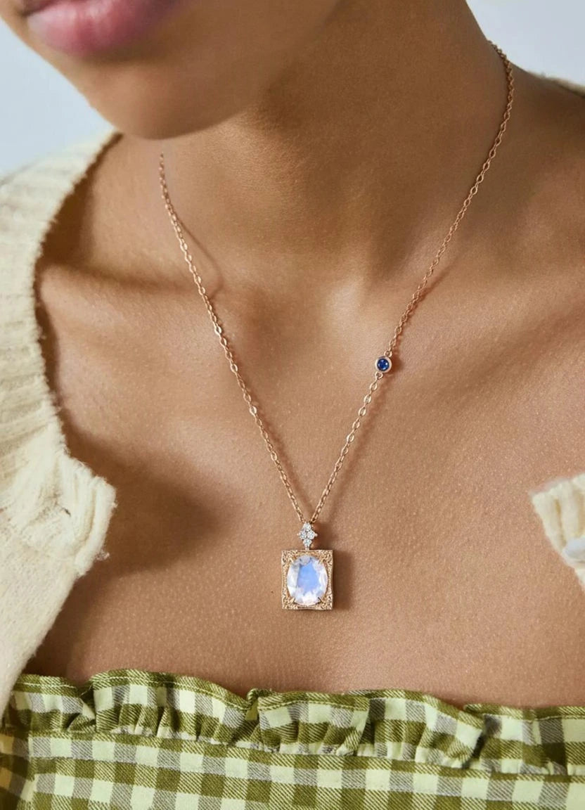 Oval cut Moonstone Pendant Necklace with Diamonds Halo Accents
