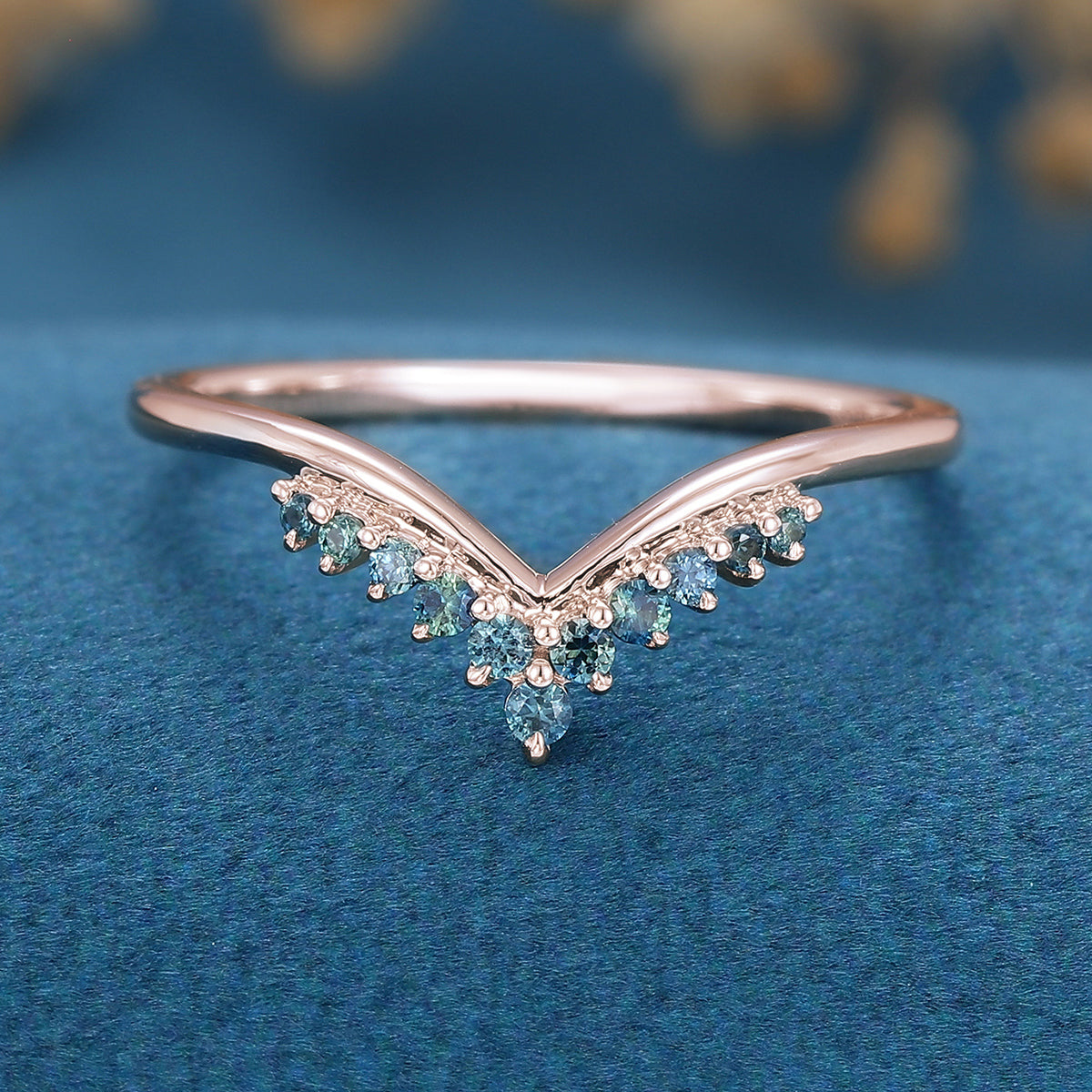 Blue-Green Sapphire Curved Wedding Band Ring