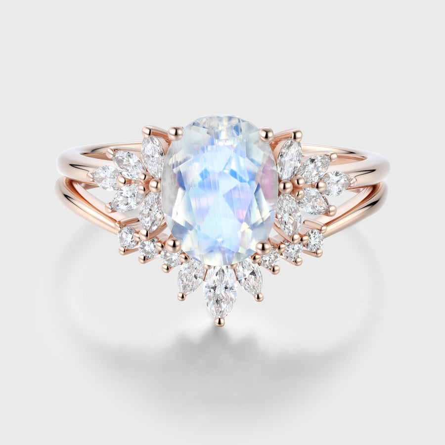 Oval cut Moonstone | Moissanite Cluster Engagement Bridal Set