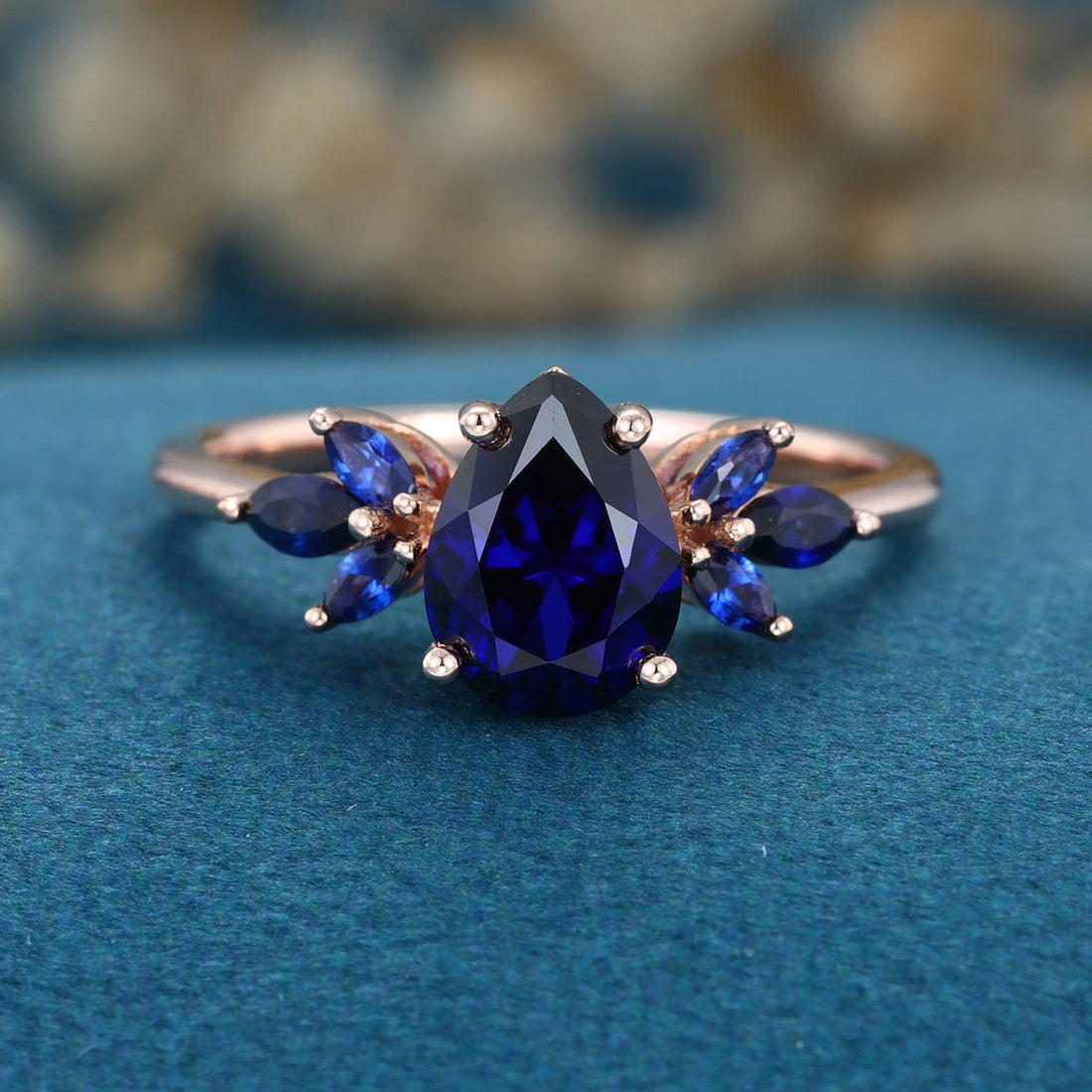 Pear cut Lab Blue Sapphire Solid Gold Engagement Ring