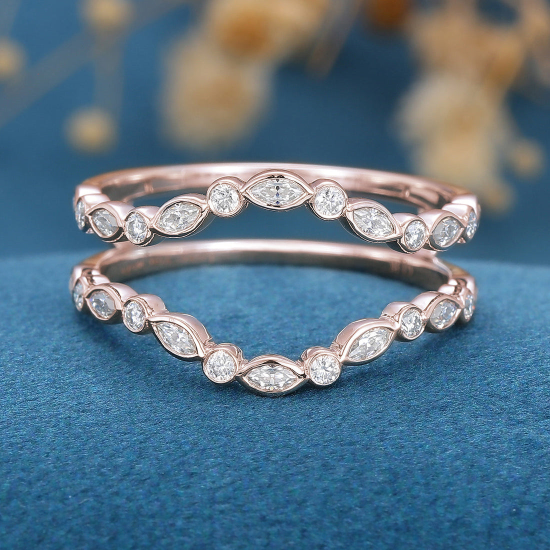 Double Marquise cut Moissanite | Diamond Curved Wedding Band Ring