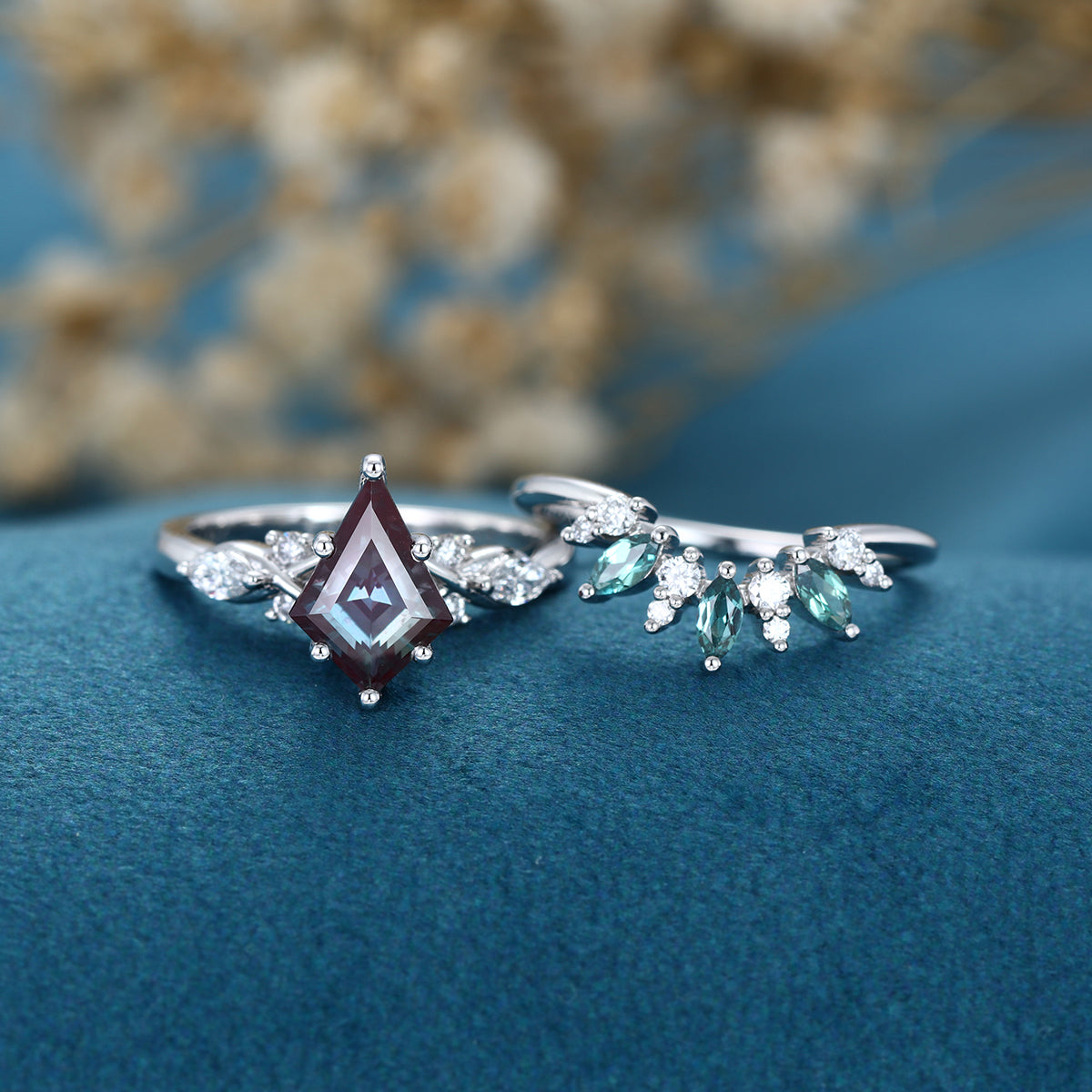 1.3 Carat Kite Cut Lab Alexandrite Wedding bridal set