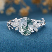 3Carat Natural Moss Agate Oval cut cluster Engagement Ring 