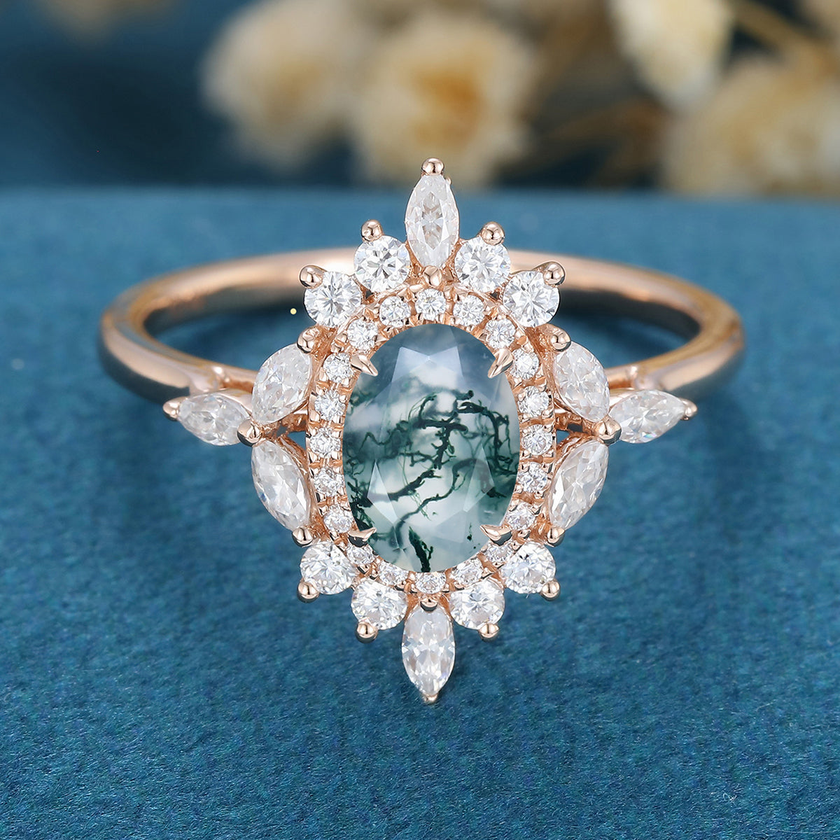 Oval Cut Natural Green Moss Agate Cluster Engagement Ring 