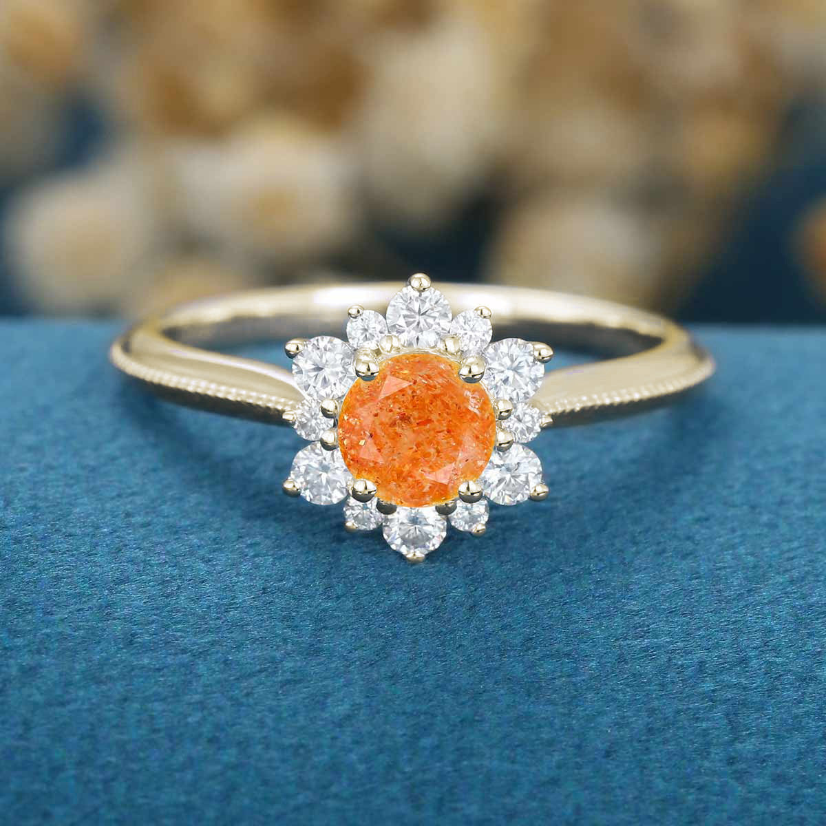 5mm Round cut Sun Stone Flower Halo Engagement ring