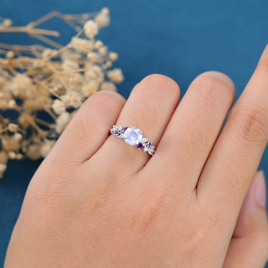 Round cut Moonstone Cluster Engagement ring