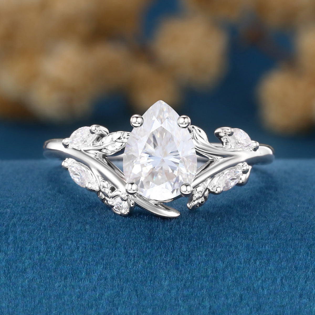 Nature Inspired Pear cut Moissanite Engagement Ring