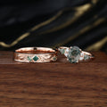 Forever Glow Moss Agate Couple Rings | Rose Gold Leaf Wedding Bridal Set