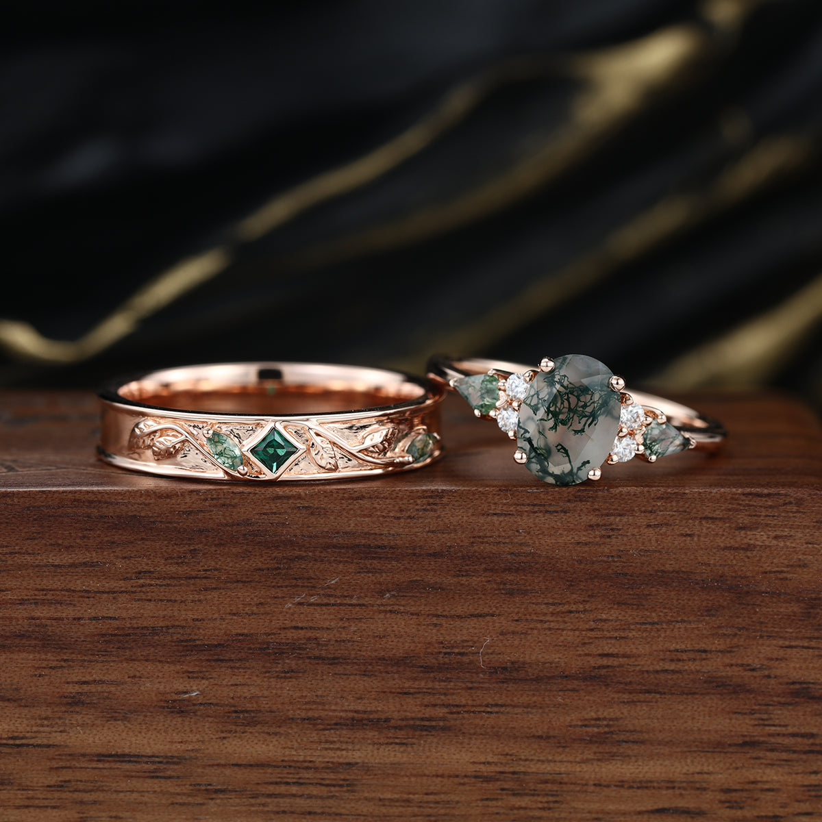 Forever Glow Moss Agate Couple Rings | Rose Gold Leaf Wedding Bridal Set