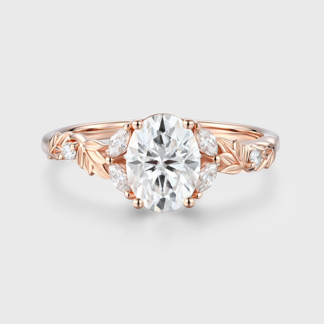 Nature Inspired Oval cut Moissanite Leaf Gold Engagement Ring