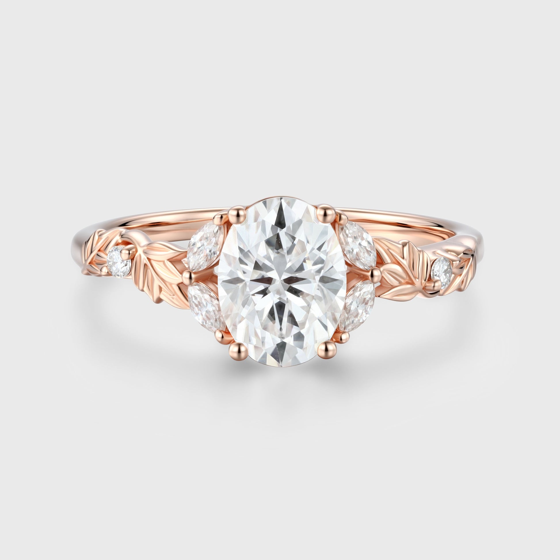 Nature Inspired Oval cut Moissanite Leaf Gold Engagement Ring