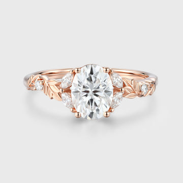 Nature Inspired Oval cut Moissanite Leaf Gold Engagement Ring