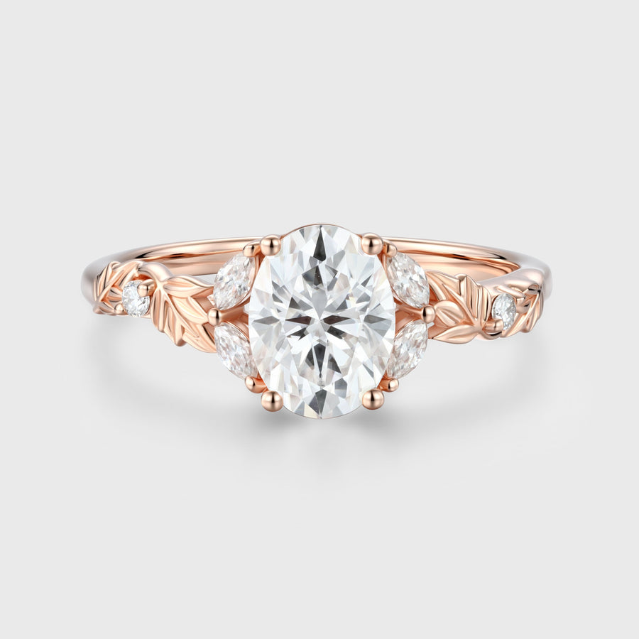 Nature Inspired Oval cut Moissanite Leaf Gold Engagement Ring