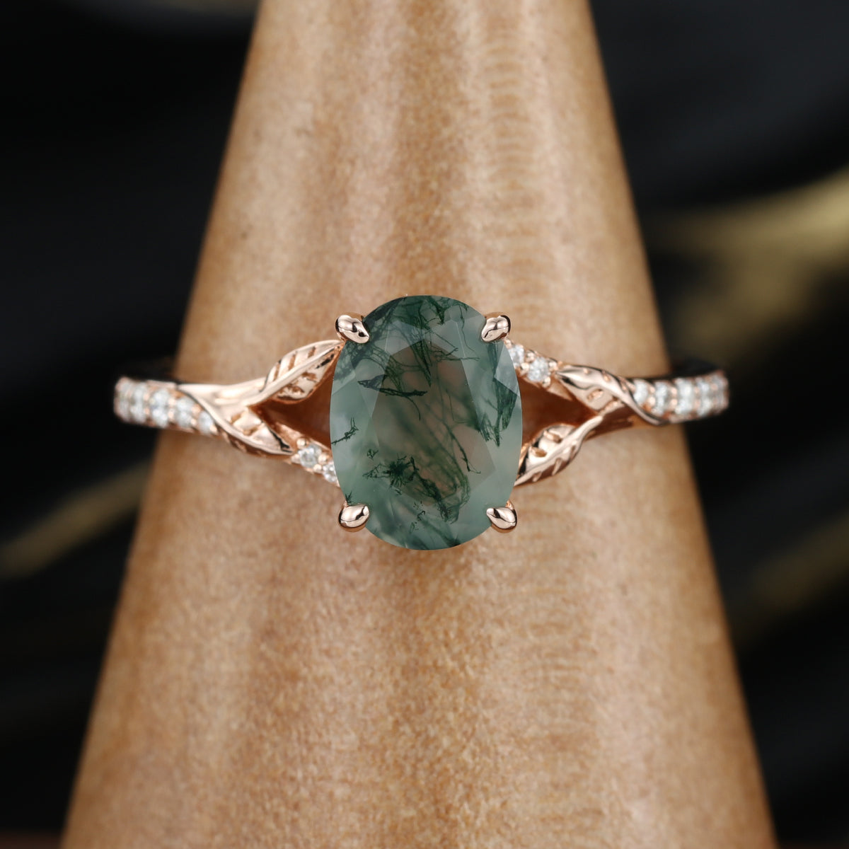 Oval cut Moss Agate Leaf Gold Pave Diamonds Engagement Ring