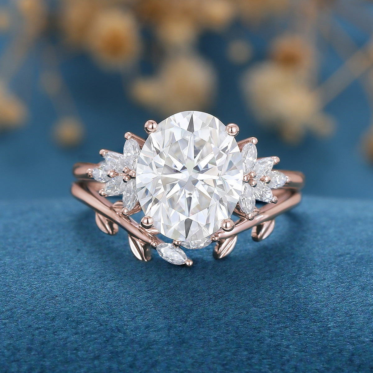 9*11mm Oval cut Moissanite Cluster Engagement ring Bridal Set