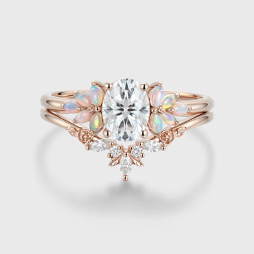 Oval Cut Moissanite+Opal Rose Gold Wedding Bridal set