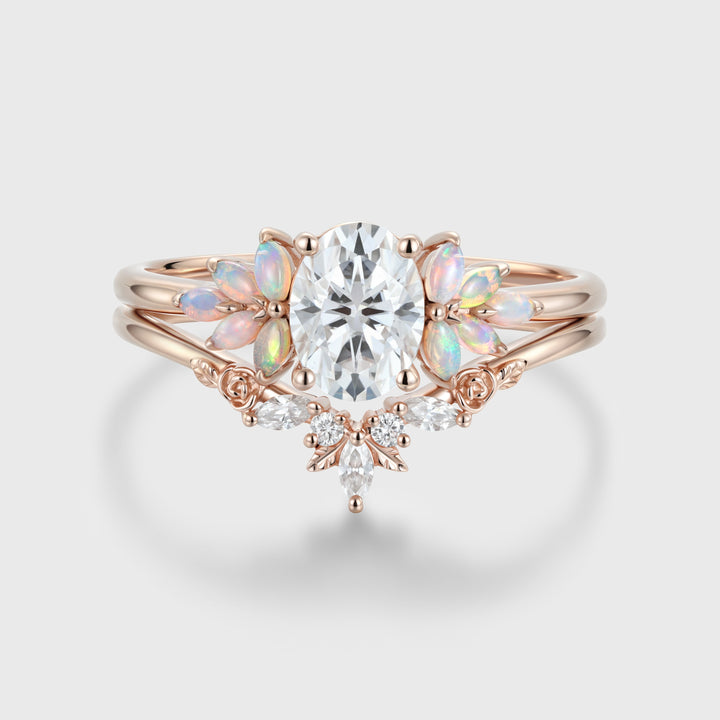 Oval Cut Moissanite+Opal Rose Gold Wedding Bridal set